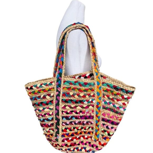 Jute & Cotton Colorful Multicolored Tote Shoulder Bag. - Picture 1 of 7